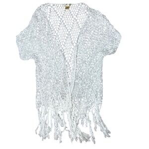 Lucky & Coco White Crochet Open Front Fringe Kimono Cardigan Sweater XL/XXL